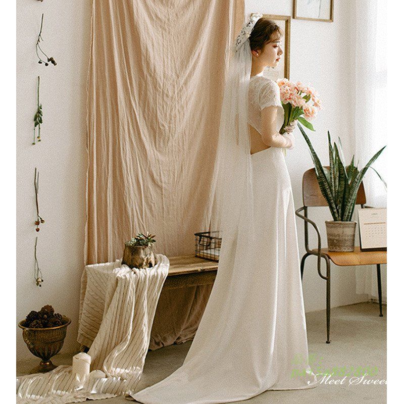 ウェディングドレス ロングドレス スレンダーライン 半袖 二次会 バックレス サテン 背中美人 前撮り 挙式 ブライダル ウエディングドレス 結婚式 花嫁 pai5a882800