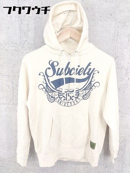 Subciety サブサエティ ロゴ プリント 長袖 プルオーバー パーカー サイズS ライトベージュ ネイビー メンズ  【1002800463725】