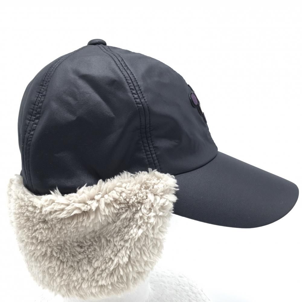 美品】ミエコウエサコ 耳当て付きキャップ 黒×ベージュ ブドウ 美品】ミエコウエサコ 耳当て付きキャップ 黒×ベージュ ブドウ