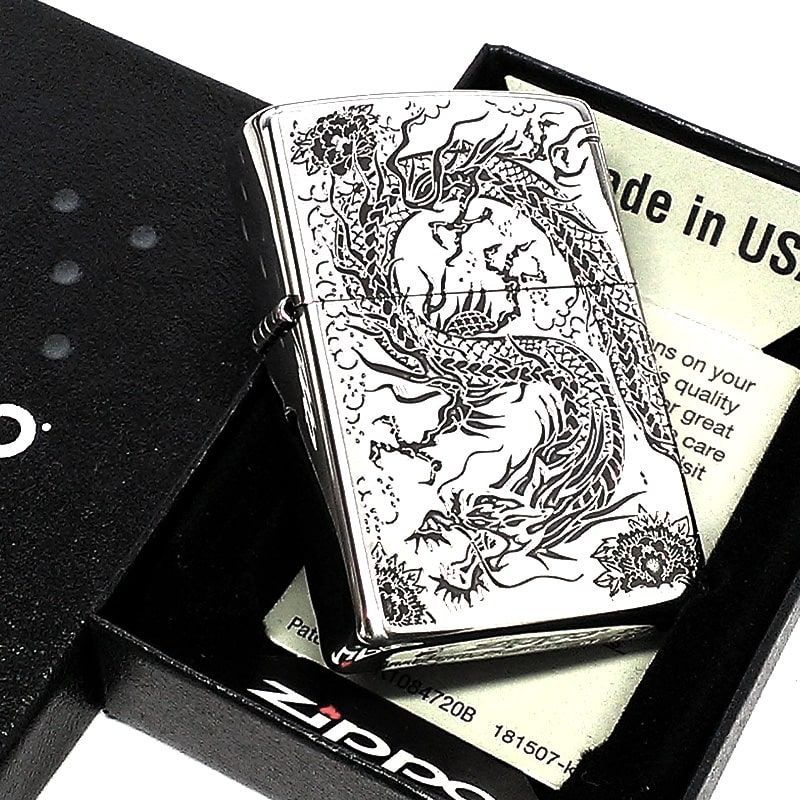 ZIPPO ライター 二面龍 ジッポ シルバー 2面連続彫刻 銀燻し ZIPPO ライター 二面龍 ジッポ シルバー 2面連続彫刻 銀燻し