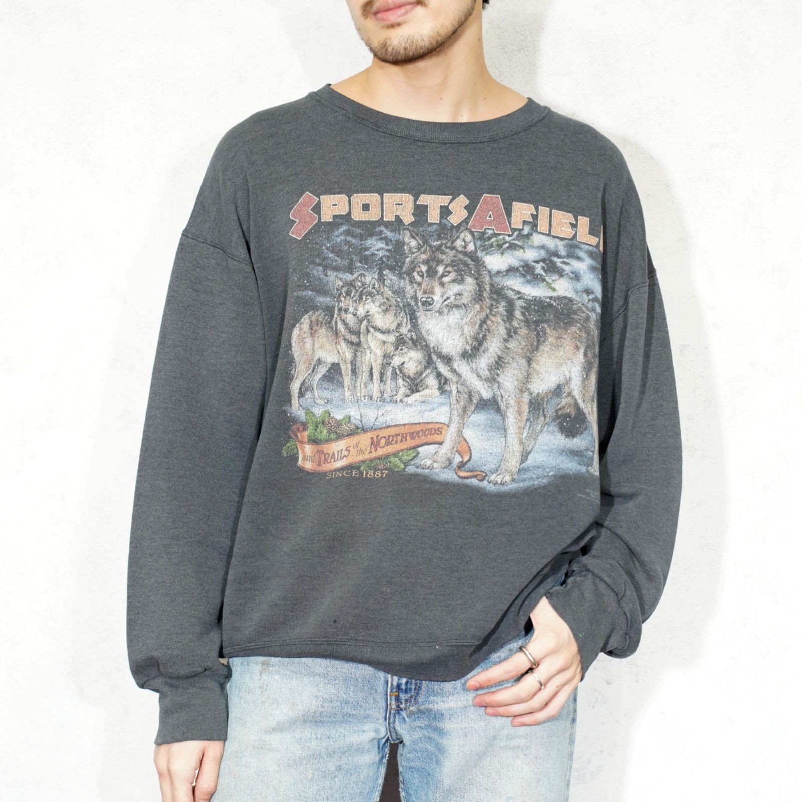 90's USA VINTAGE DELTA WOLF PRINT DESIGN SWEAT SHIET/90年代