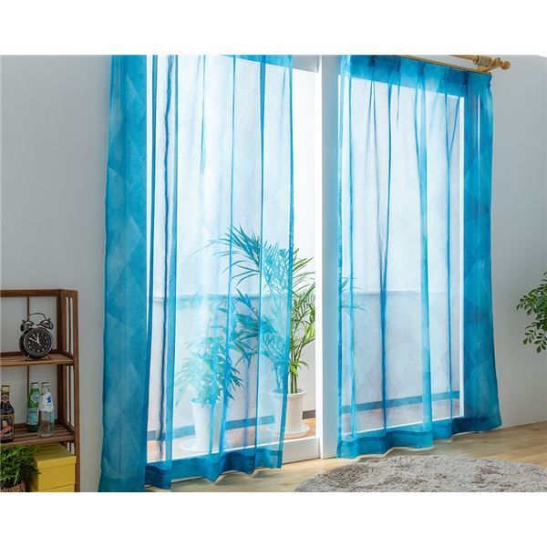 レースカーテン 幅150cm×丈93cm ブルー 1枚 洗える 日本製 アジャスターフック付き ラーゴ リビング ダイニング ベッドルーム