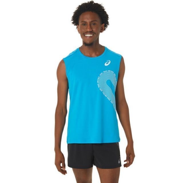 asics アシックス MEN TRACK GRAPHIC SLEEVEL アイランドブルー 2XL 2091A602 409 | スポーツ スポーツウェア ランニングウェア 陸上 マラソン ジョギング ノースリーブシャツ スリーブレス タンクトップ 