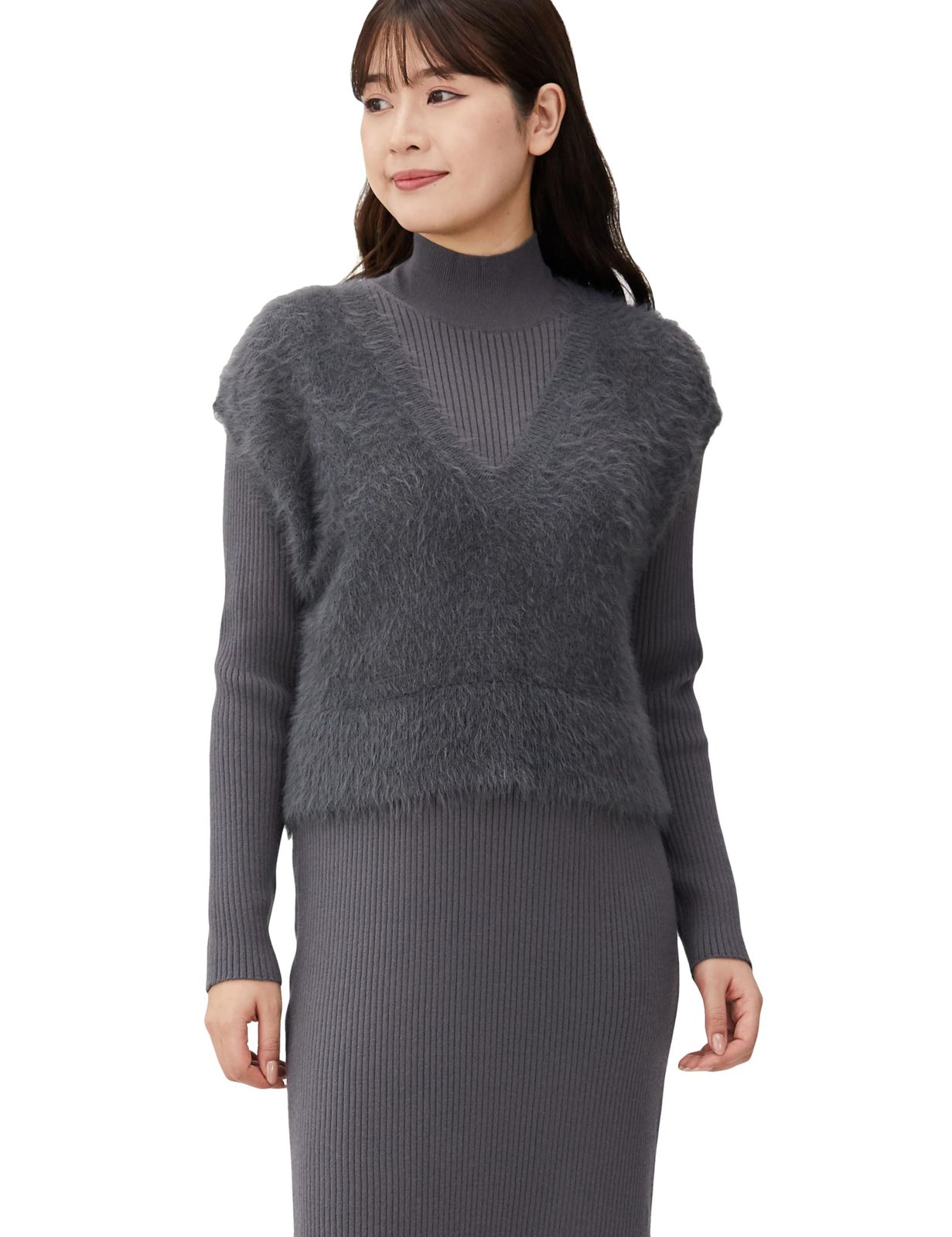 カジュアルドレス シャギーベスト＆ニットワンピース