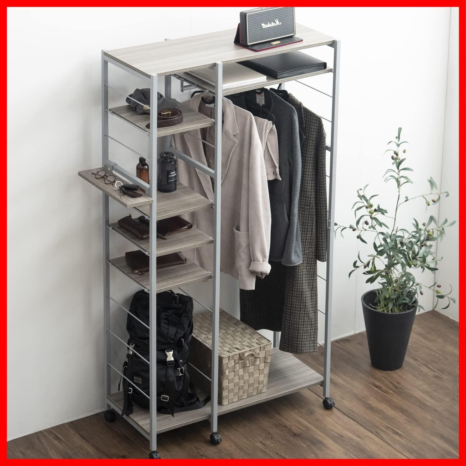 新着商品】幅調整可 伸縮式ワードローブ メタルラック 棚板高さ調節