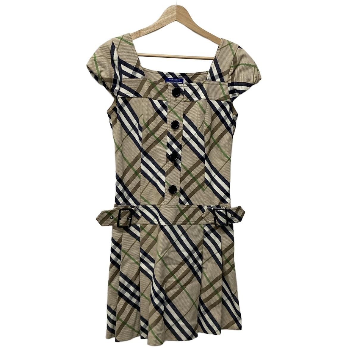 バーバリーブルーレーベル ワンピース サイズ38 M レディース - ライトブラウン×ネイビー×マルチ 半袖 ひざ丈 チェック柄