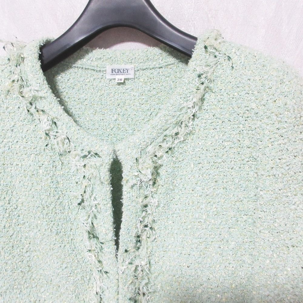 美品　FOXEY　フォクシー　ツイード　フリンジ　ノーカラージャケット　冠婚葬祭 美品 フォクシー ブティック ツイードジャケット ノーカラー