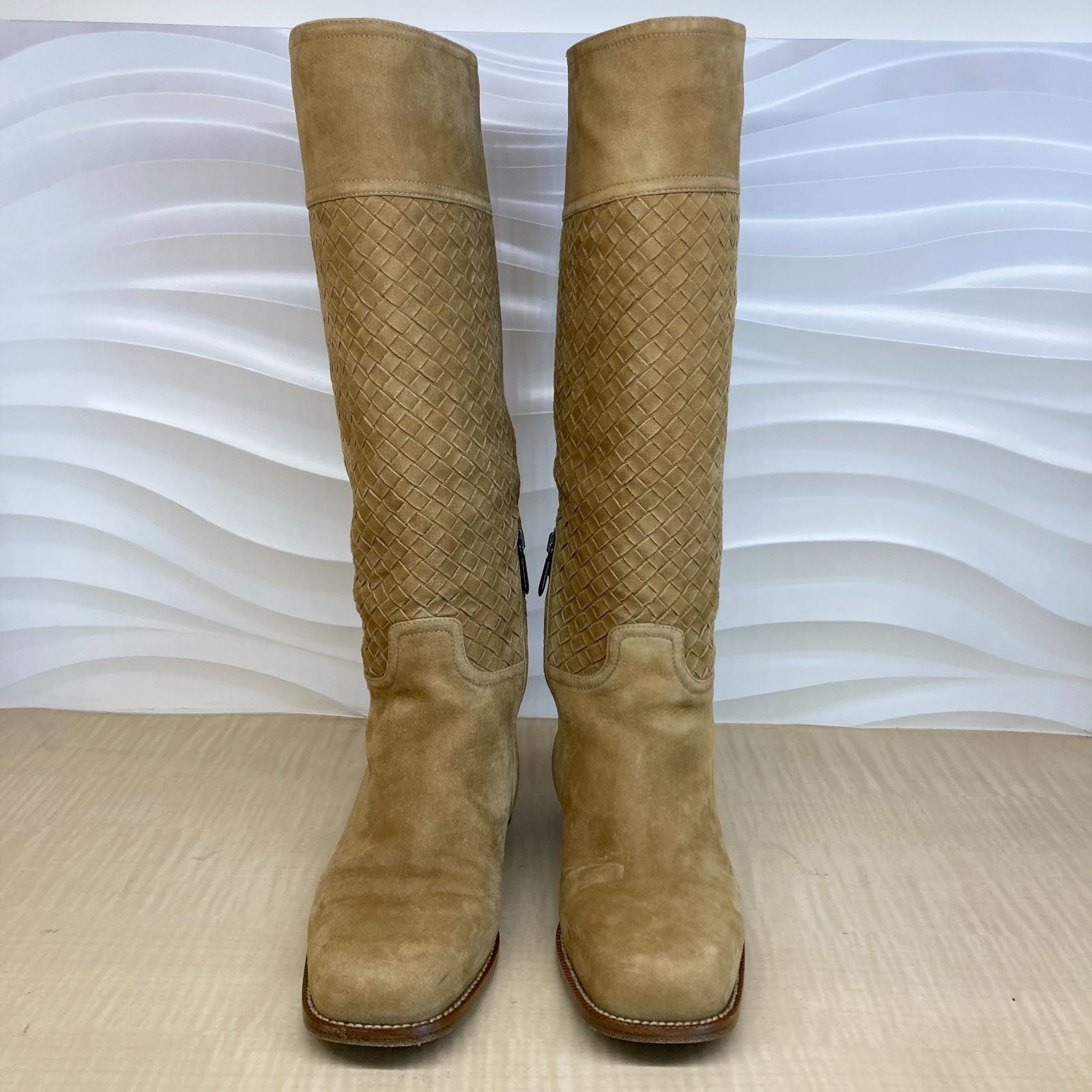BOTTEGA VENETA ボッテガヴェネタ イントレチャート スエード ロングブーツ ベージュ 24 cm 24.5 靴 レディース PAWNSHOPRiZ パウンショップリズ