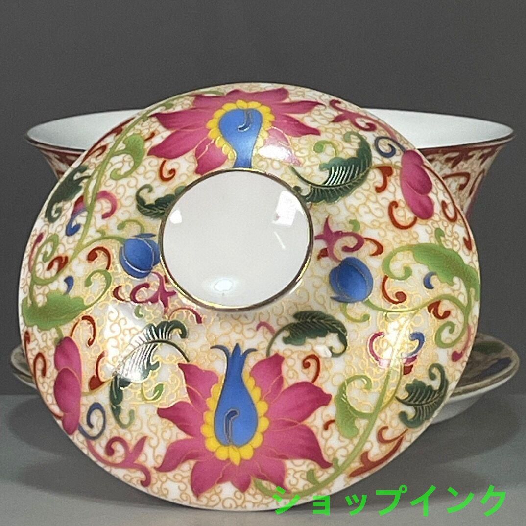 中国茶器 五彩花卉図紋三才蓋 煎茶器 茶道具 茶碗 新品未使用