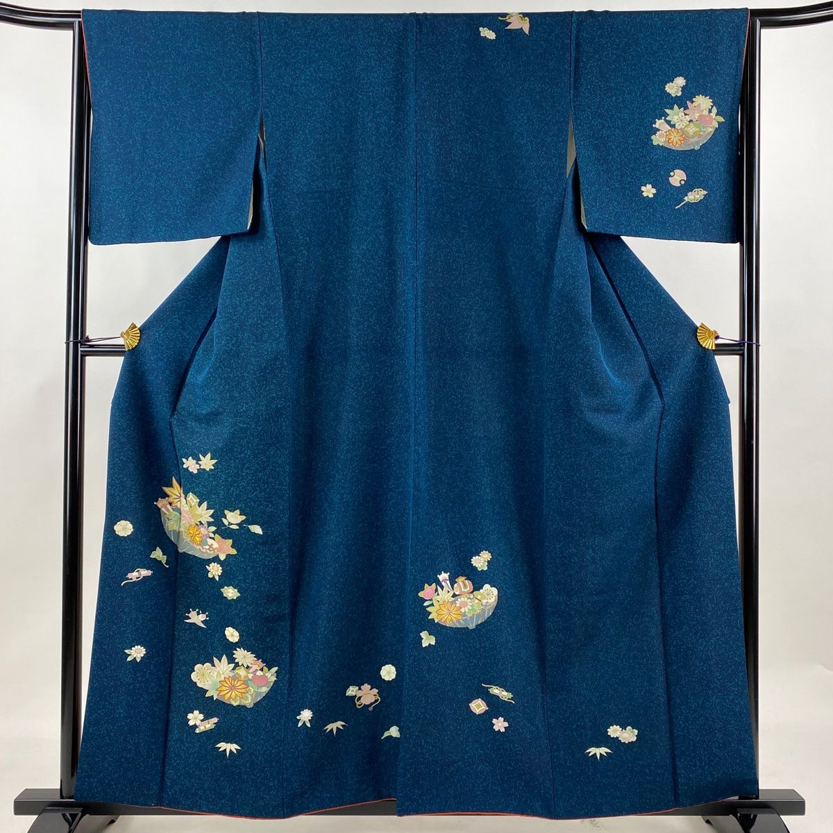 付下げ 身丈158cm 裄丈64.5cm M 袷 草花 宝尽くし 金彩 金糸 深緑 正絹  