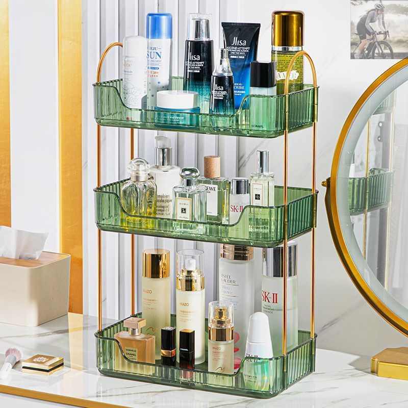 収納ラック コスメラック テーブル用 3段 半透明 長方形 おしゃれ カラーバリエーション クリア ゴールド グレー グリーン 多機能 リビング キッチン 寝室 バスルーム 洗面台 プラスチック 