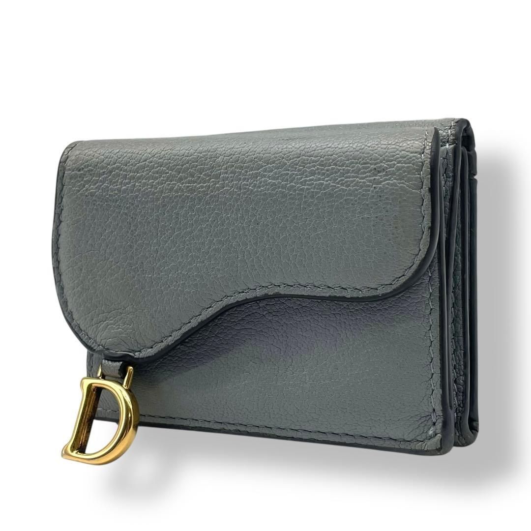 Christian Dior クリスチャンディオール サドル 三つ折り財布 ミニウォレット Dロゴ ゴールド金具 革 グレー