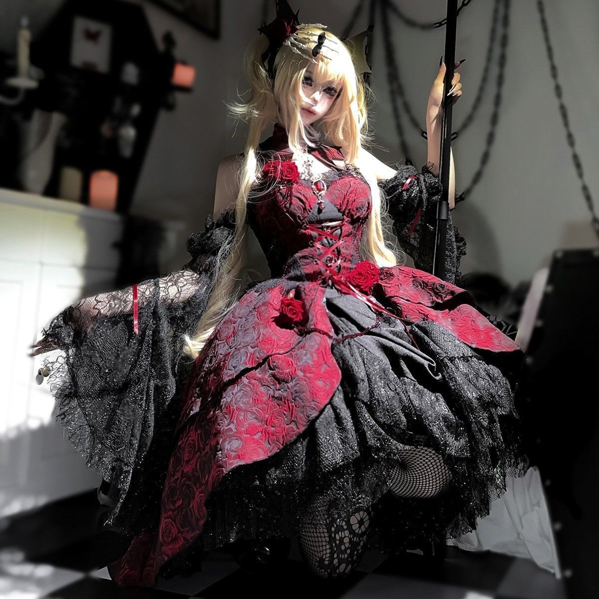 オリジナルデザイン 瑰皿 jsk ロリータドレス 黒赤 ジャカード暗黒ゴシックスタイル 吊りスカート 取り外し な袖とネックレス付き