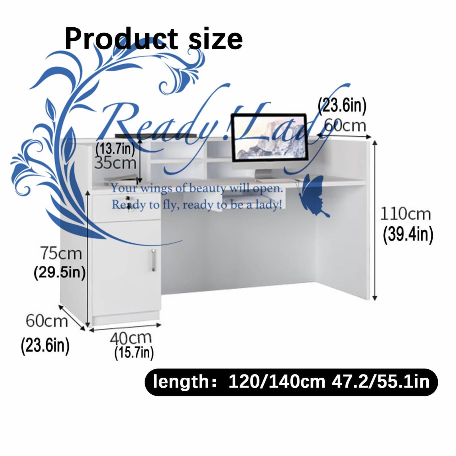 木製受付テーブル LEDライト付き受付デスク カウンター付き受付デスク 収納付きオフィスフロントデスク受付 さまざまな設定に適しています 120cm