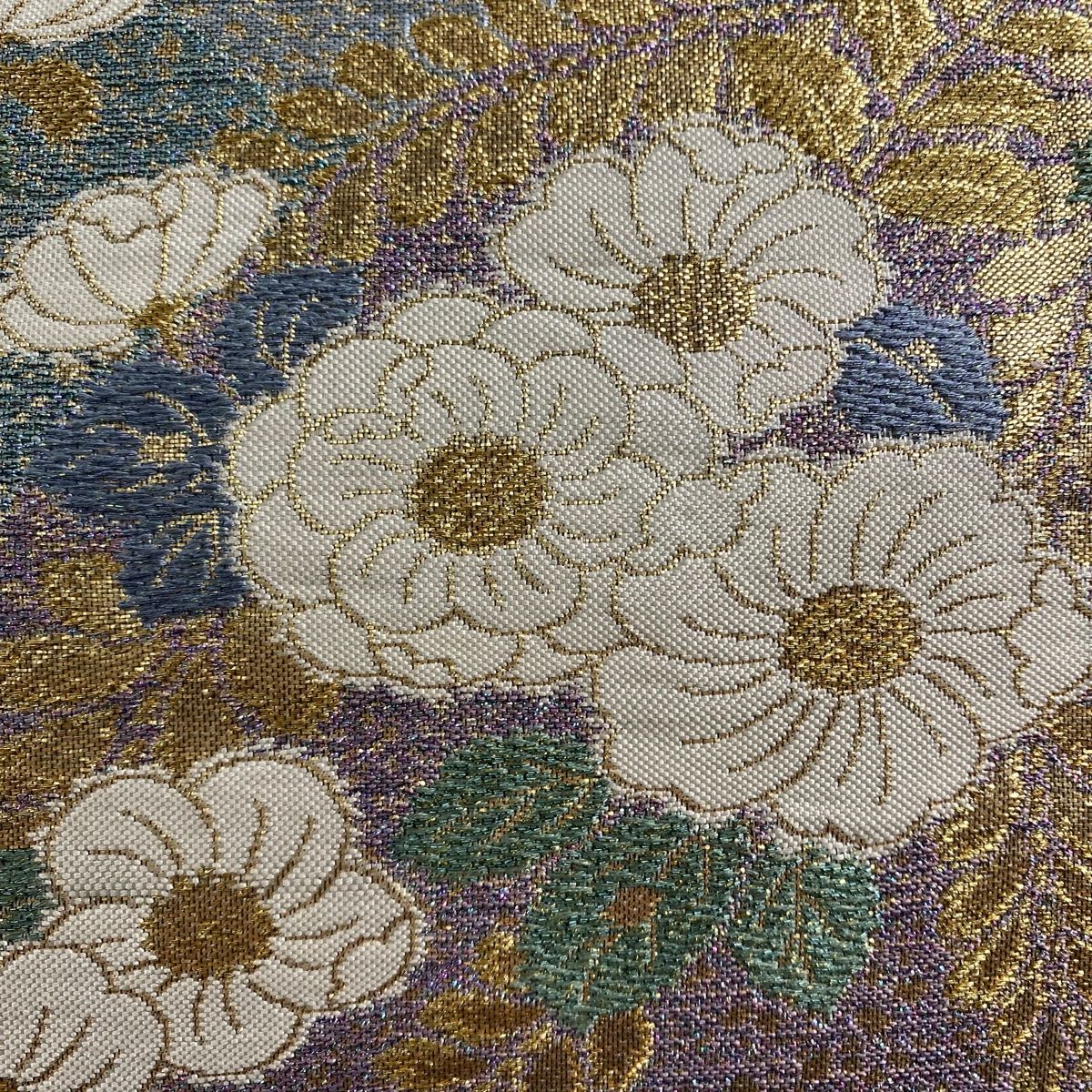 袋帯 美品 秀品 やまと 華文 霞 金糸 箔 灰緑 六通 正絹 【中古】