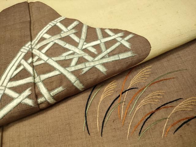 平和屋着物●色留訪問着　総刺繍　紬地　竹垣すすき文　ますいわ屋扱い　正絹　逸品　CAAT7559vp 平和屋着物○色留訪問着 総刺繍 紬地 竹垣すすき文 ますいわ屋扱い