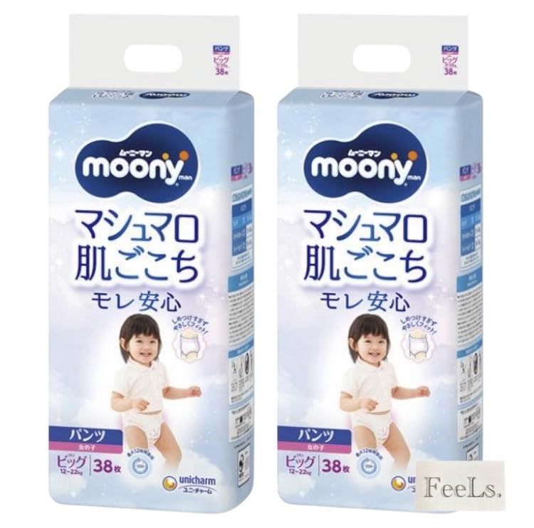 【まとめ買い2袋セット】ユニ・チャーム ムーニー マシュマロ肌ごこち モレ安心 ＜ビッグ＞（12-22kg）パンツ 女の子 38枚×2 自社名入りシール付『FeeLs.』 