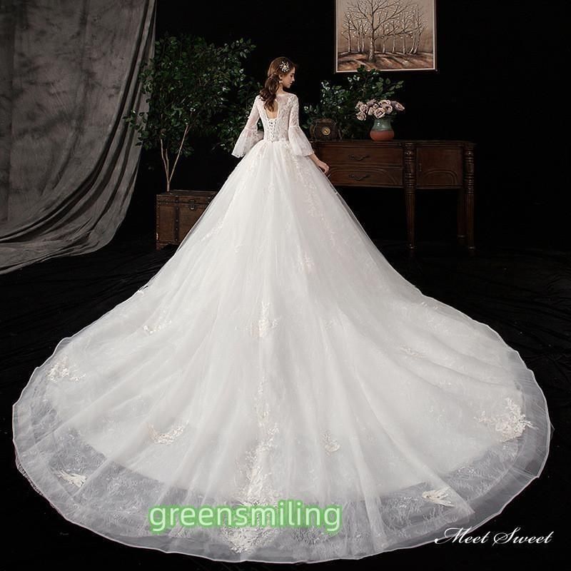 ウェディングドレス ロングドレス プリンセスラインドレス 長袖 二次会 結婚式 前撮り 花嫁 ウエディングドレス チュール 挙式 レース ブラWP数量 価格926