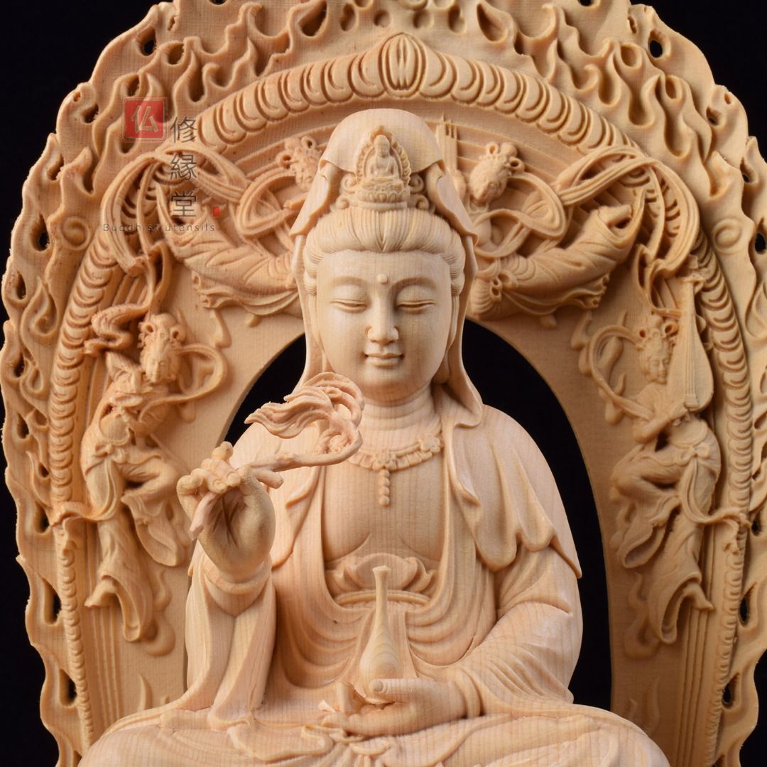 修縁堂】最高級 木彫仏像 観音菩薩座像 彫刻 一刀彫 天然木檜材 仏教 