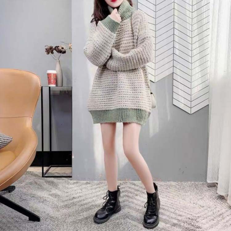  ふわふわ素材 うぶ甘ニット 無地 長袖 リブ ニット ハイネック アウター ロング丈 着.せ ゆったり 体型カバー 秋冬 厚手 配色 切り替え 韓国風 太め糸 お洒落 小顔効果 セーター トッ yz 6774 五分袖 七分袖 ニット セーター