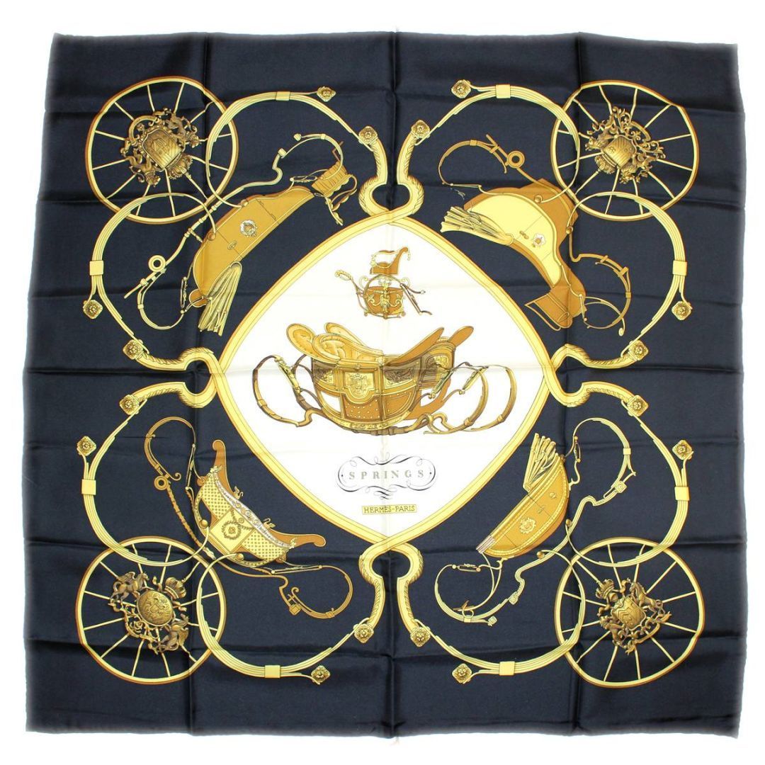 激安 超特価商店街  HERMES/エルメス ブラック×イエロー シルク100% スカーフ 小物