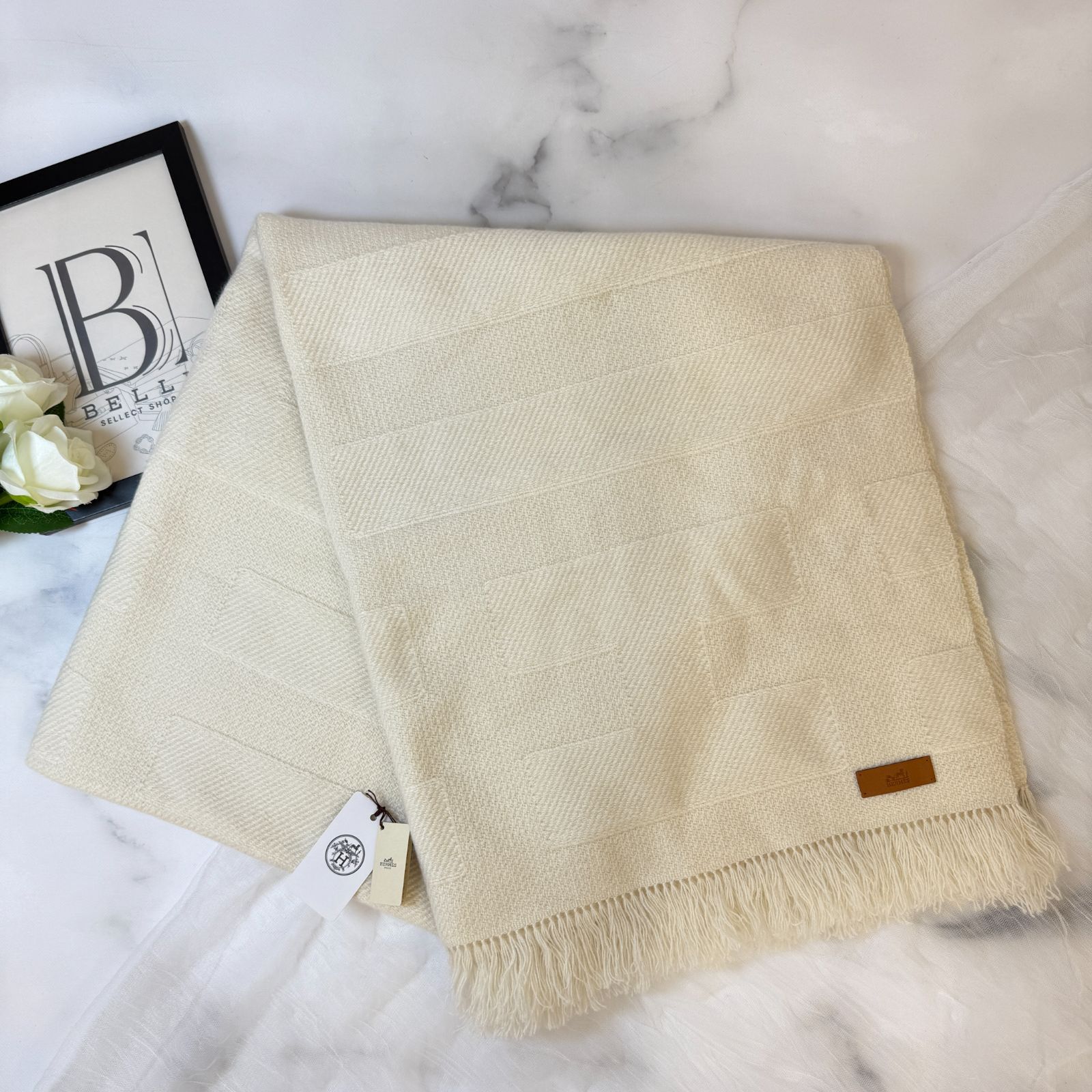 鑑定済み エルメス レイエH ブラン カッセ オフホワイト カシミヤ100 ストール マフラー フリンジ H文字
