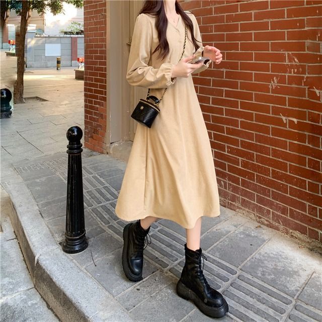 ワンピース ミドルドレス レディース Aライン ゆったり ミモレ丈 韓国デザイン 可愛い ハイウエス