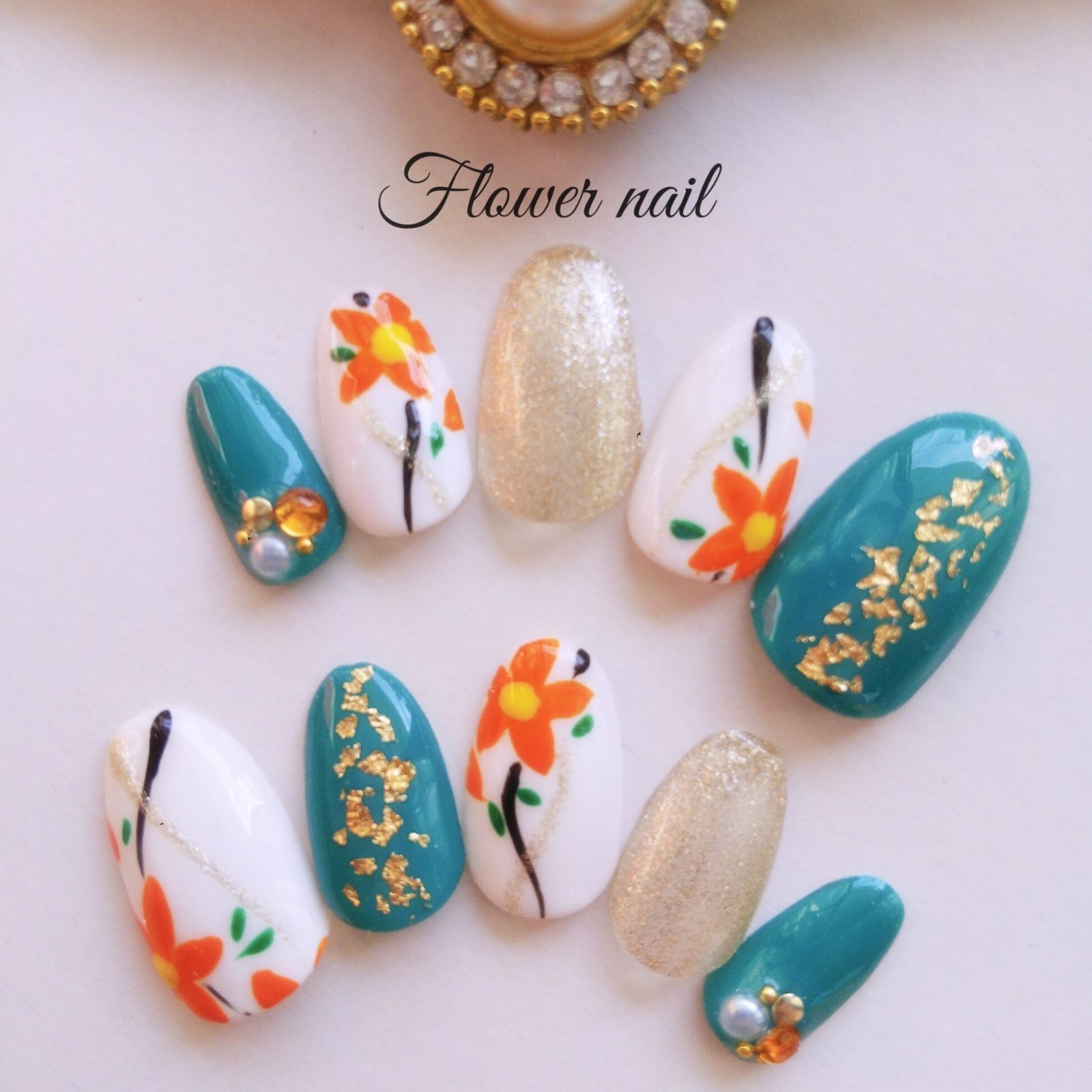 和柄ネイルチップ*°【青 緑 オレンジ 花柄 成人式ネイルチップ