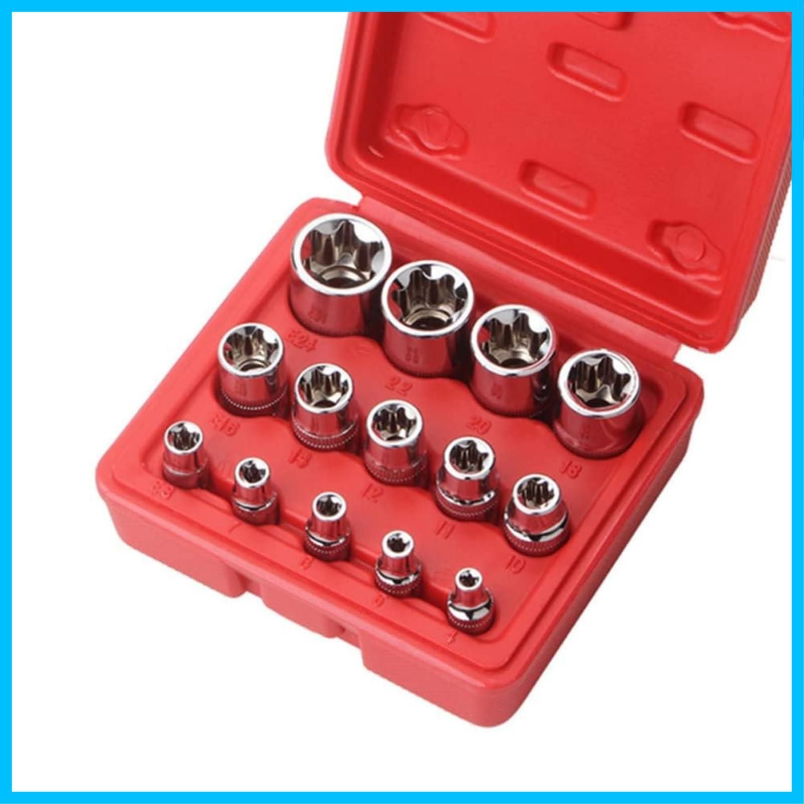 在庫処分 LSLANSOON E型トルクスソケットセット 14点 星型 花型 ソケットレンチ ネジ外し E型ソケット 収納ボックス付き 赤