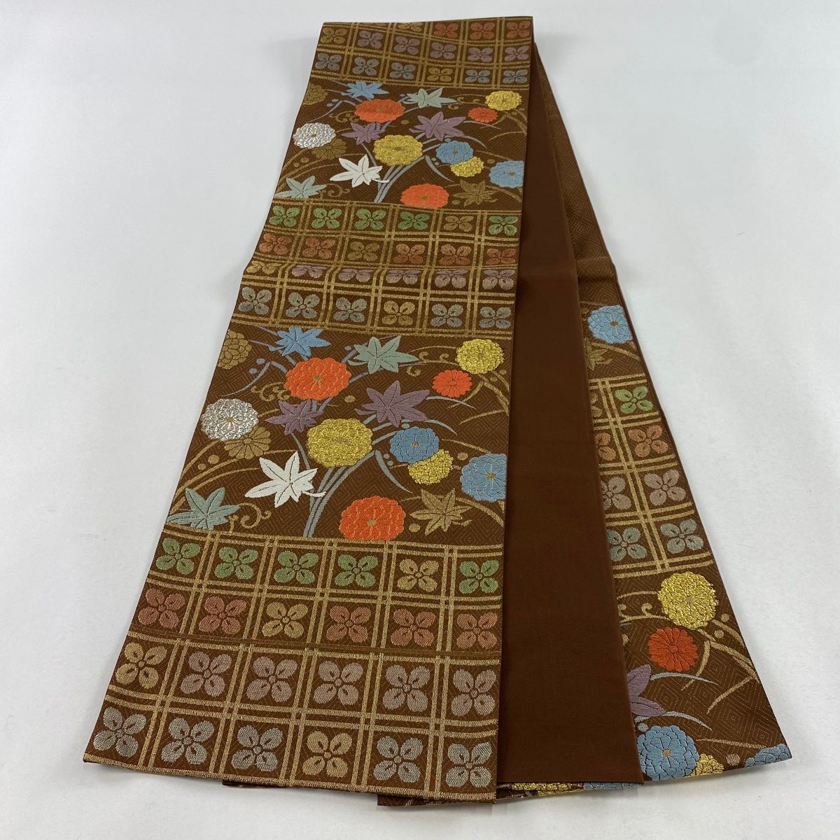 袋帯 美品 秀品 菊 楓 金銀糸 刺繍 茶色 六通 正絹 【中古