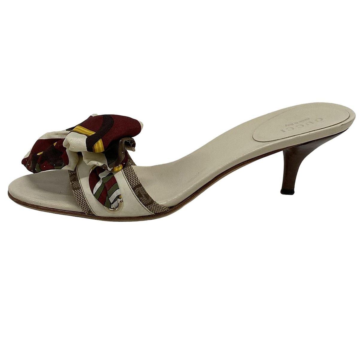 GUCCI グッチ ミュール 36 1|2 C レディース - 白×ダークブラウン×マルチ リボン シルク レザー