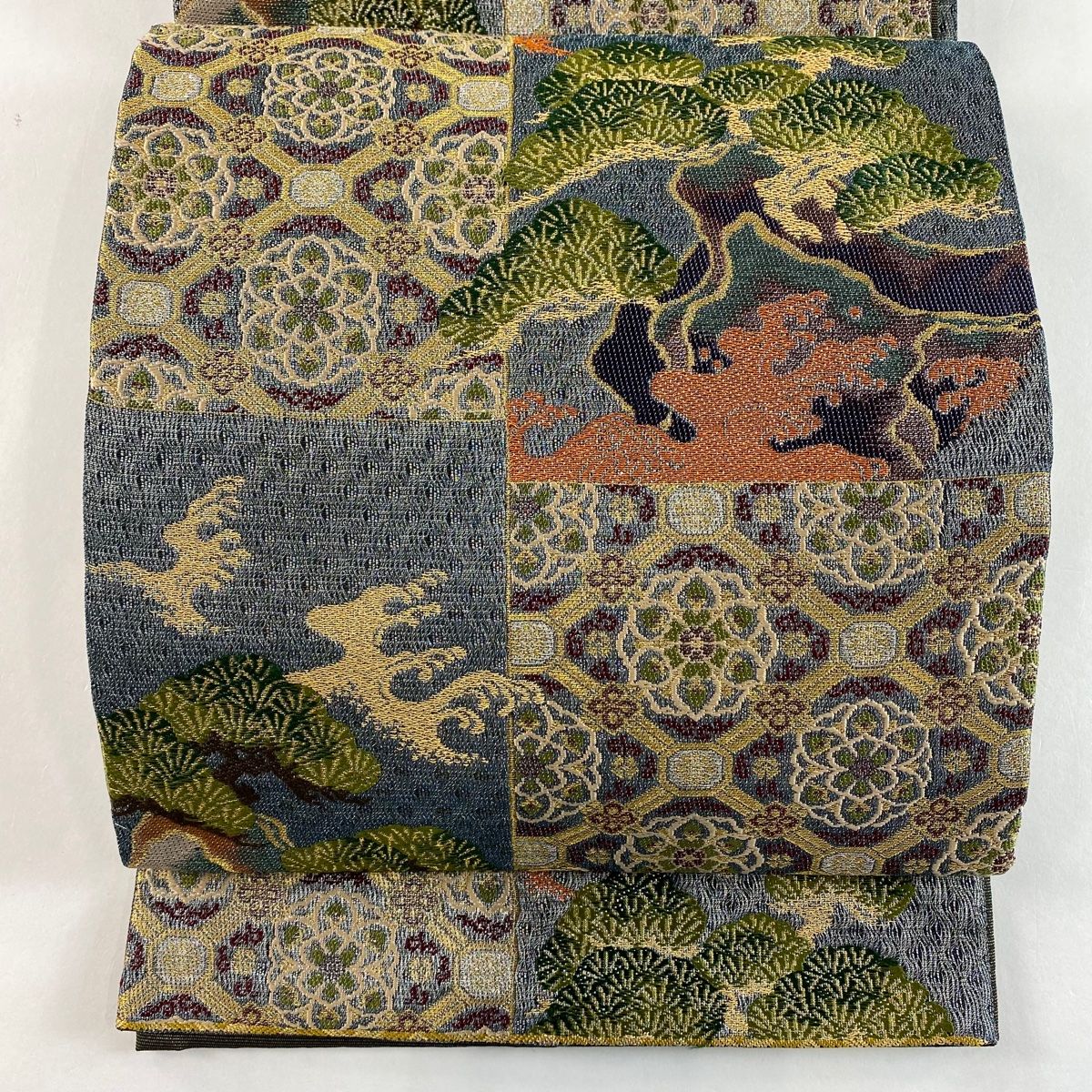 袋帯 美品 名品 関西仕立て 松 蜀江華文 金銀糸 青灰色 六通 正絹