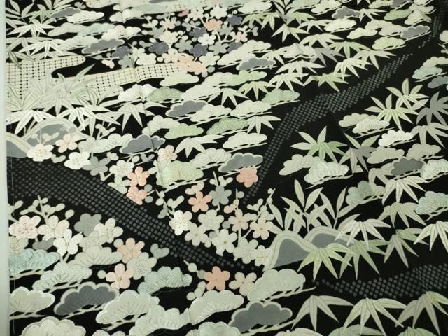 平和屋本店■極上　中国三大刺繍　スワトウ刺繍　汕頭刺繍　訪問着　松竹梅　黒地　金糸　反端付き　逸品　未使用　DZAA5779kh5 平和屋本店□極上 中国三大刺繍 スワトウ刺繍 汕頭刺繍 訪問着 松竹梅