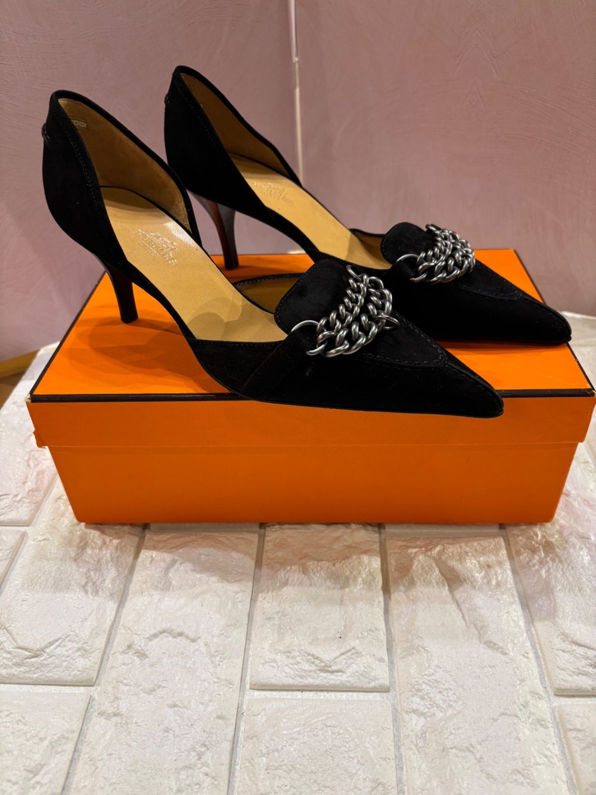 HERMES スウェード パンプス ポインテッドトゥ シューズ エルメス 