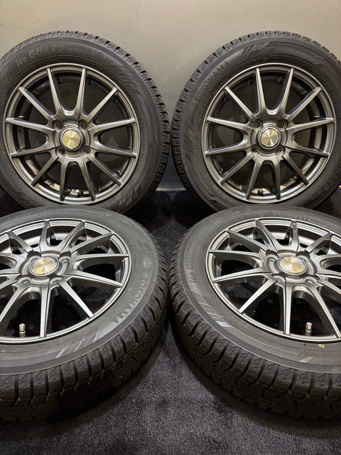 155/65R14 YOKOHAMA/ice GUARD iG60 20年製 WEZEN 14インチ 4.5J +45 100 4H スタッドレス 4本 N-BOX スペーシア (南1-H679)