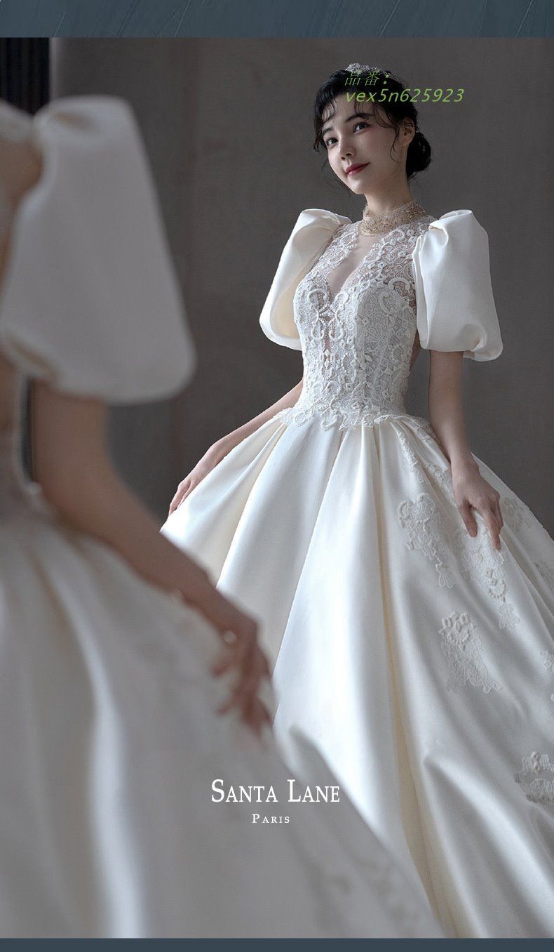 ウェディングドレス レース サテン 花嫁ドレス 立ち襟 ラインストーン パフスリーブ キレイめ 結婚式ドレス ロングドレス 素敵 vex5n625923