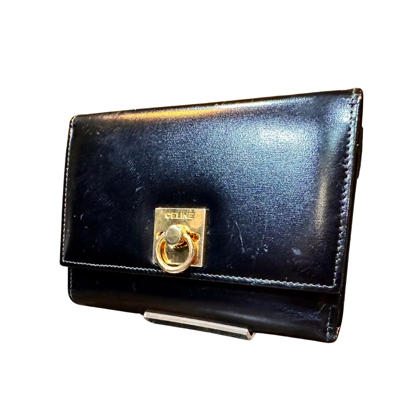 CELINE セリーヌ 三つ折り財布 がま口 ヴィンテージ ロゴ リング 金具 カーフ レザー 本革 三つ折り 財布 ミニ ウォレット ブラック 黒 WWW_MORNINGWALKER_COM