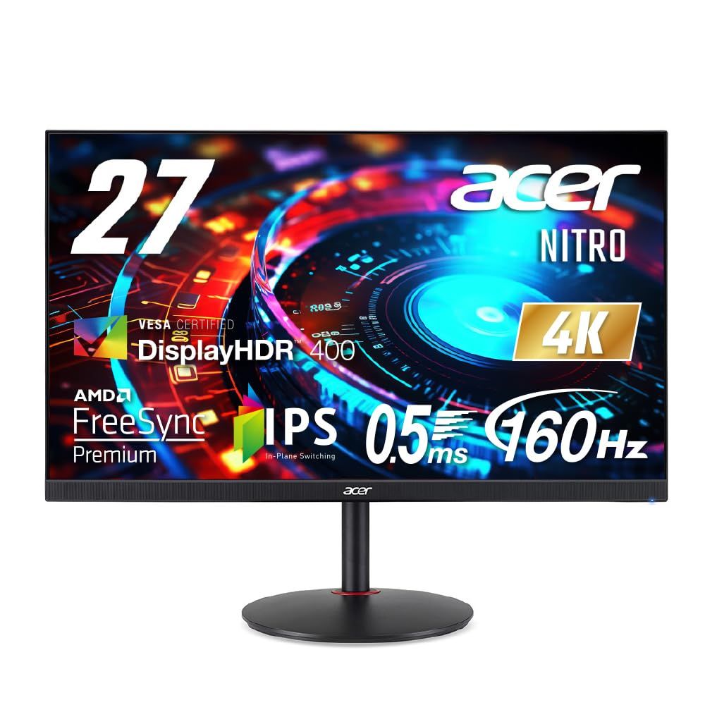 Acer ゲーミングモニター Nitro 27インチ IPS 非光沢 4K UHD 160Hz 0.5ms DeltaE<1 HDMI 2.1 DisplayPort1.4 高さ調整 ピボット機能 スピーカー内蔵 ヘッドホン端子 PC PS5 Xbox X|