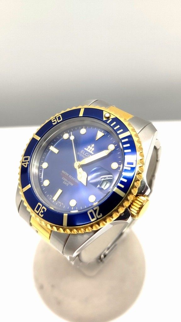 25k-072t【中古】GIN エルジン DEEP SEA ディープシー DATE デイト 自動巻き オートマチック アナログ 腕時計 FK-1362-SL ブルー ゴールド メンズ