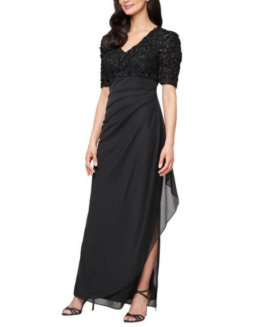 送料無料 アレックスイブニングス レディース ワンピース トップス Women s Embellished Puff-Sleeve A-Line Dress BLACK