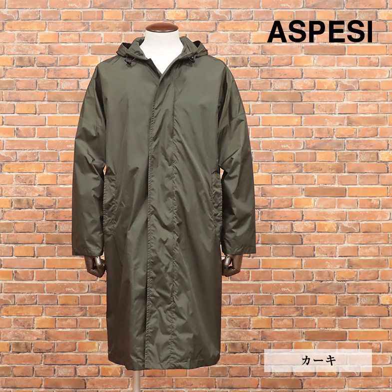 春夏/ASPESI/Mサイズ/フード付き コート I009 LOSE 撥水 軽量ナイロン タフタ 無地 パッカブル イタリア製 機能性 新品/カーキ/if101/