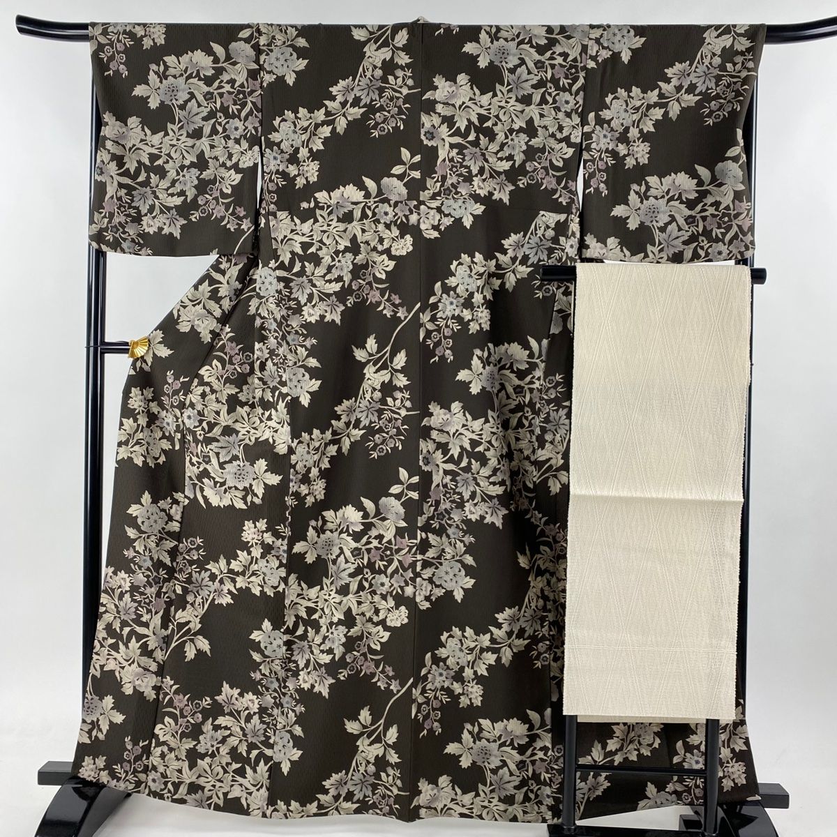 小紋 身丈162.5cm 裄丈68cm L 単衣 名古屋帯セット 草花 焦茶色 正絹 秀品