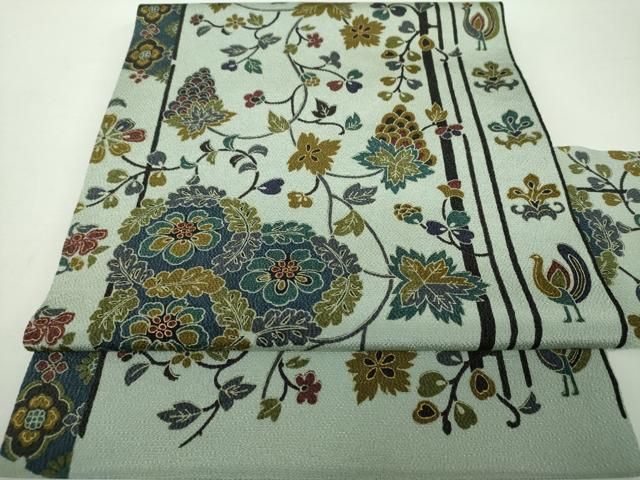 平和屋着物●全通柄九寸名古屋帯 更紗花鳥文 鬼しぼ縮緬 金彩 正絹 ♥ DAAY1655ps