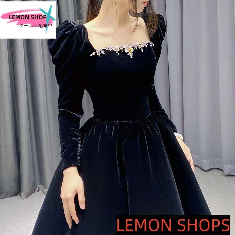 2025 ドレス カクテルドレス 長袖 ブラック ベルベット Aライン ラインストーン刺繍 スクエアネック ロングドレス パーティードレス 発表会 演奏会 イブニングドレス LEMON