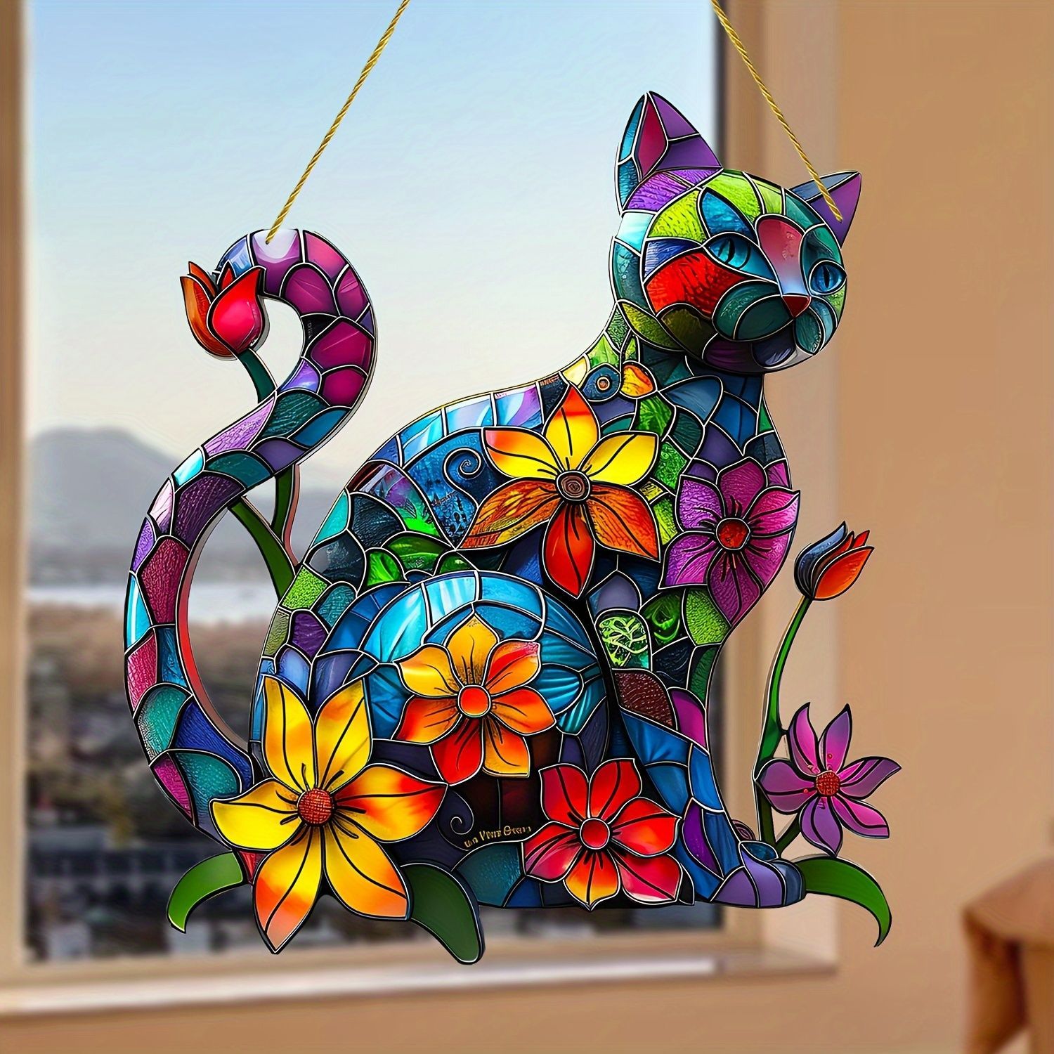 赤いお花のツタのサンキャッチャー シーグラスアート 壁かけ