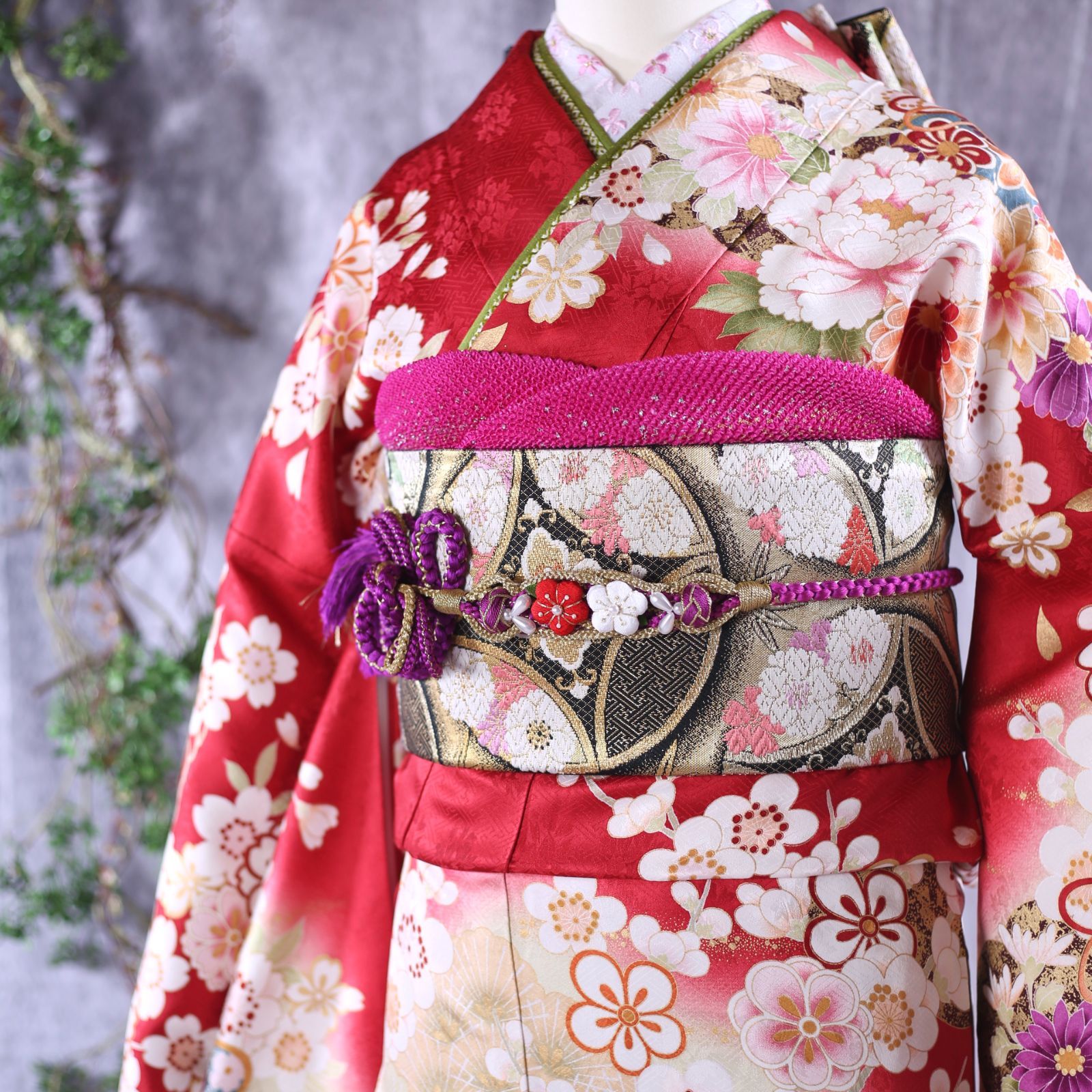 振袖フルセット ぼかし染め 正絹 振袖 成人式 振袖6点セット クロコ黒帯