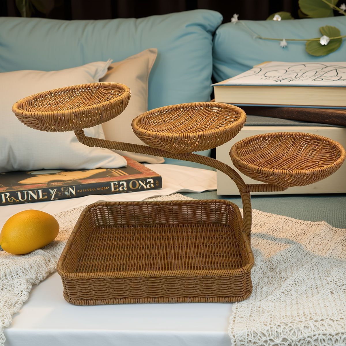 風 ラタン調マルチティアサービングトレイ