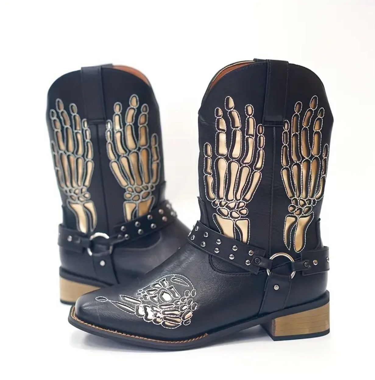 ウェスタンブーツ ロングブーツ レザーブーツ 骸骨柄 髑髏 スカル ブラック ヴィンテージ メンズ レディース アメカジ おしゃれ ジョッキーブーツ ショートブーツ 靴 シューズ カジュアル ローヒール 太ヒール プレゼント ウエスタンブーツ ブーツ 革靴 靴