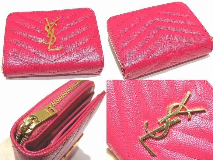 【美品】サンローラン　折り財布　ラウンドジップ　YSL金具　Vステッチ　ピンク ✨サンローラン✨ YSLロゴ Vステッチ コンパクトウォレット ピンク