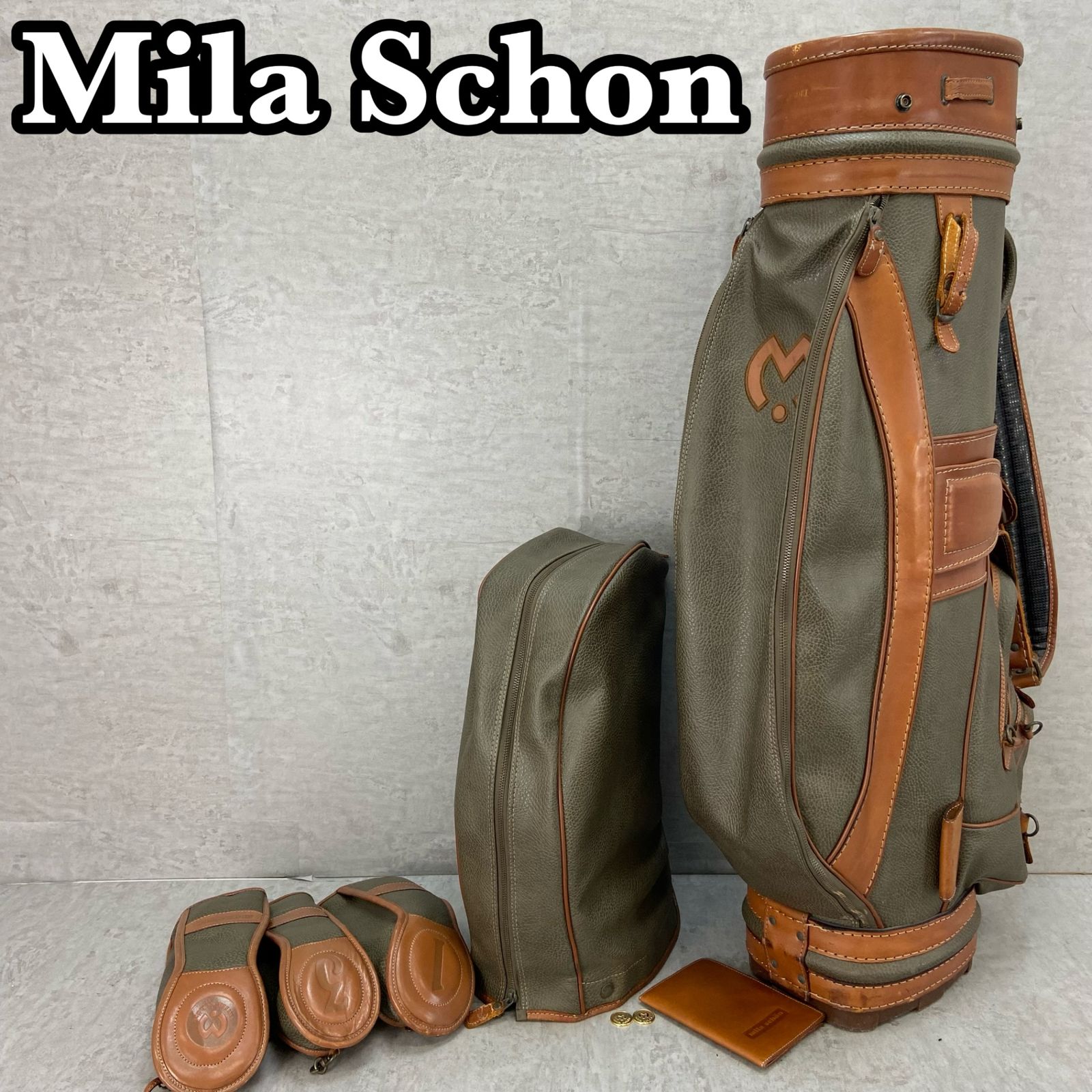 mila schon ミラショーン ゴルフ用 キャディバッグ ヘッドカバー カート式 約9.5型 約24.5cm 3分割 重量3.8Kg レザー 革